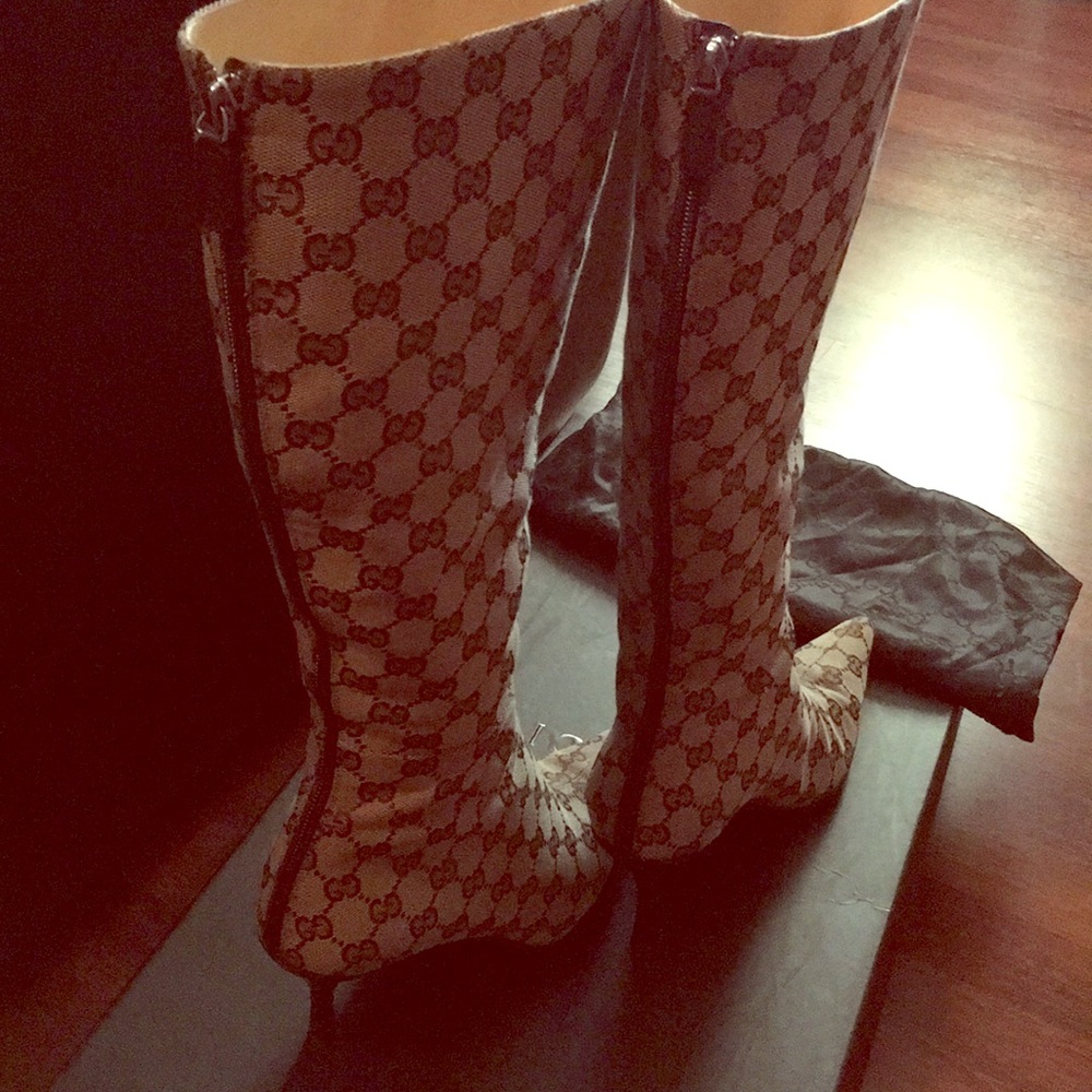 Gucci Signature GG Canvas Tall Boot Pointed Toe